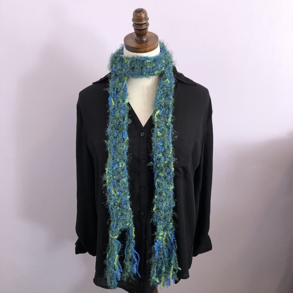 Handmade Ocean Blue Green Skinny Fringe Scarf